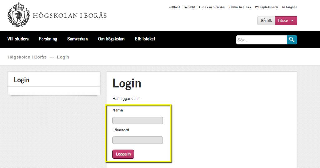 Logga in Logga in via adressen http://www.hb.se/login/ Fyll i ditt användarnamn och lösenord och klicka på knappen Logga in.