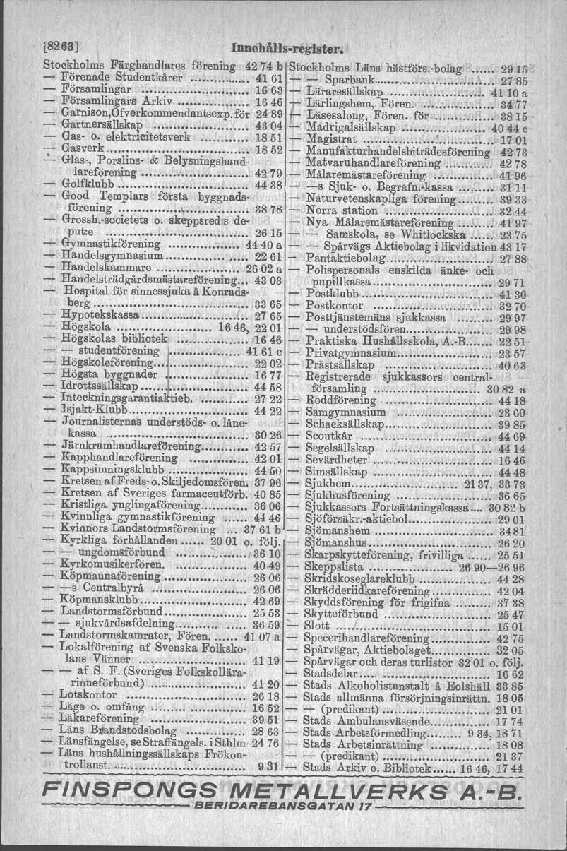 [8263J Innehålls.reglster. Stockholms Färghandlares förening 4274 b Stockllolms Läns hästföra-bolag c...2915 - Förenade Studentkårer.... 4161 - - Sparbank........... 2785 - Församlingar.