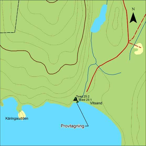 Datering av blästbrukslämning i Vitsand, Tiveden Figur 2. Karta med fornlämningarna och provtagningsplatsen utmärkta. Skala 1:5 000.