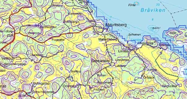 Figur 5. Höjdskillnader i Mauritsberg och Stensö. Landskapet är relativt kuperat och kusten mot Bråviken sluttar relativt brant. Tjocka blå linjer har 10 m ekvidistans.