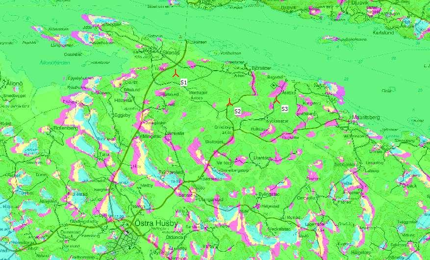 Visuell påverkanszon Skenäs Kartan som täcker närzonen visar var i området vindkraftverken i Skenäs kommer att kunna synas.