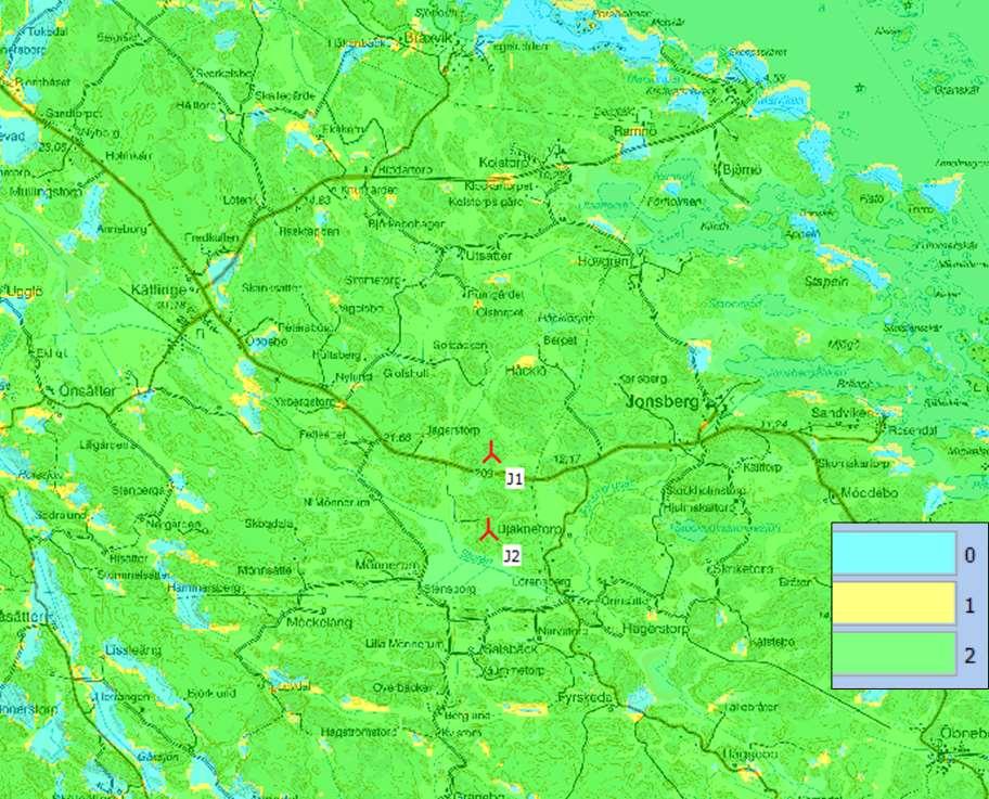 Visuell påverkanszon Jonsberg Kartan som täcker närzonen visar var i området vindkraftverken i Jonsberg kommer att kunna synas.