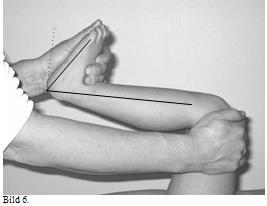 Fot Dorsalflexion vid flekterat respektive extenderat knä Flekterat knä: Utförs i ryggliggande med flexion i höft och knä. Stabilisera den subtalara leden genom att fixera calcaneus.
