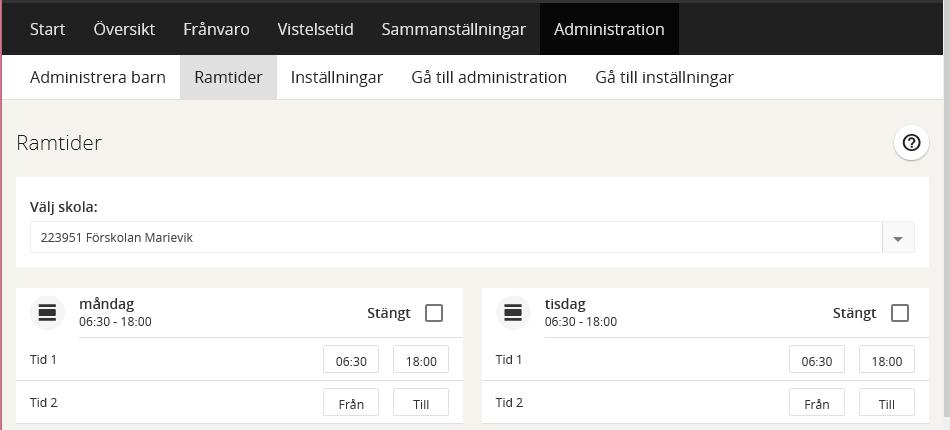 Gå till Administration Ramtider Klicka här Välj aktuell enhet för att registrera tider dag för dag. Om enheten alltid är stängd en viss veckodag, t.ex. lördag och söndag markeras checkboxen "Stängt".