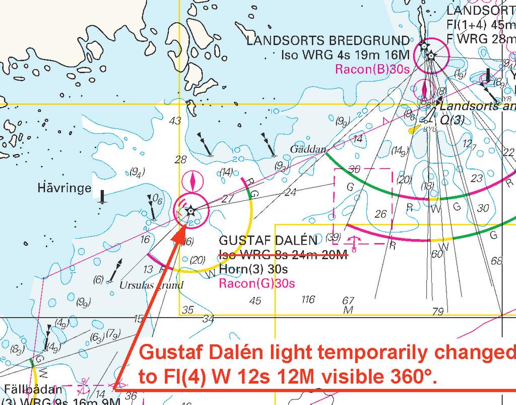 Nr 235 12 * 5278 (T) Sjökort/Chart: 61, 617, 621, 72 Sverige. Norra Östersjön. Norrköping och Oxelösund angöring. Fyren Gustaf Dalén ändrad. Runtomlysande vitt sken med ny karaktär.