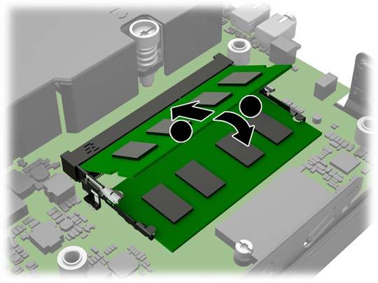 9. Ta bort en SODIMM genom att trycka spärrarna på vardera sidan av SODIMM (1) utåt och sedan dra ut SODIMM ur sockeln (2). 10.