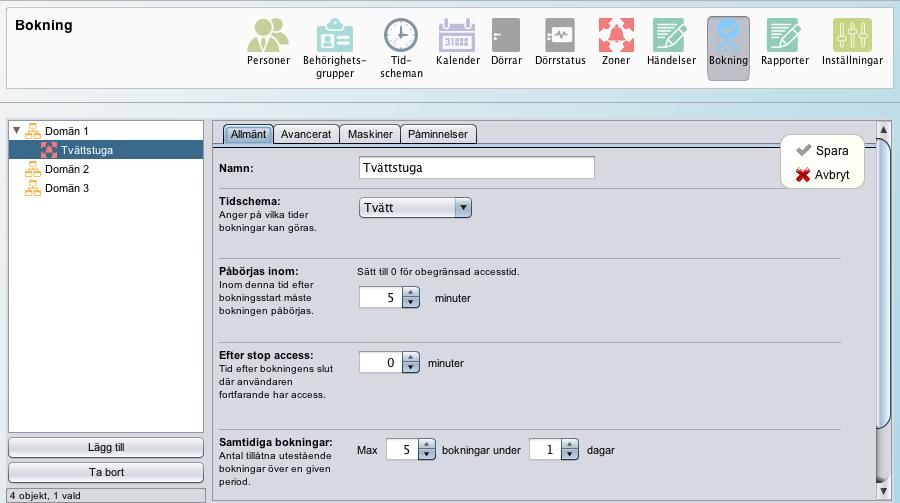 Ange namn på objektet och välj ett bokningschema. Sedan skall också de följande parametrarna uppfyllas: Påbörjas inom: Efter stop access: Samtidiga bokningar: Exempel: ett bokat pass med start kl. 10.