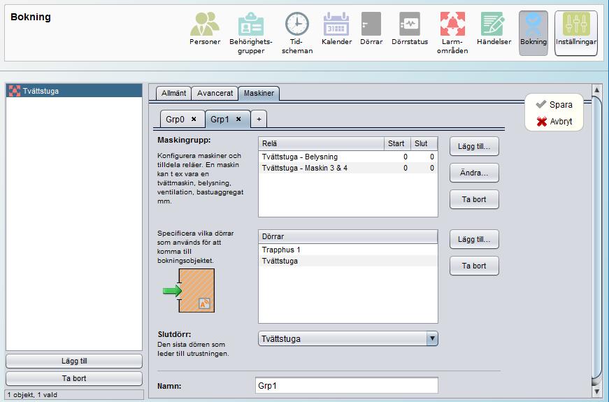 Bokning: Fliken Maskiner: inställningar för dörrar och ev. relästyrningar i objektet. I ett bokningsobjekt kan det ingå flera dörrar fram till själva tvättstugan, vilken anges på dörrar.