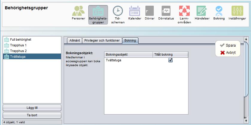 Konfigurera personer som skall tillåtas boka: För att en person skall kunna få behörighet till objektet så måste vissa inställningar göras.