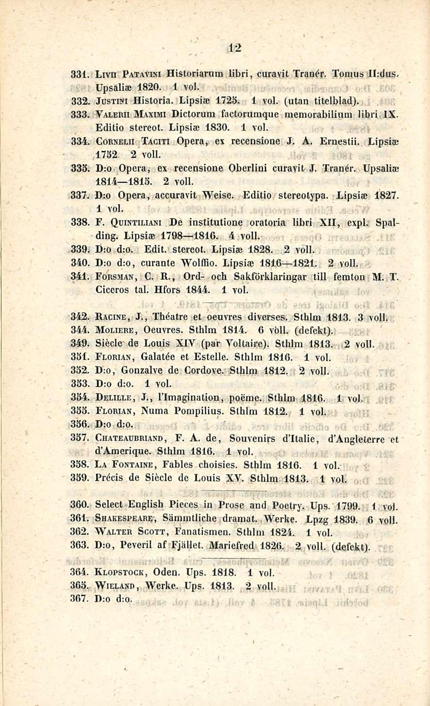 12 331. Livu Patavisi Historiarum libri, curavit Trane>. Tomus ILdus, Upsalia? 1820. 332. Justini Historia. Lipsiae 1725. (utan titclblad). 333.