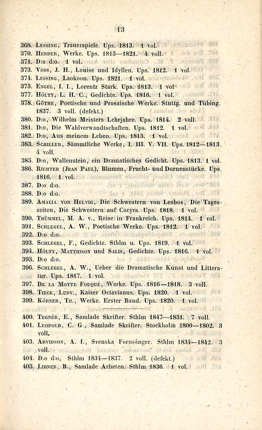 Samlade 13 368. Lessing, Traucrspiele. Ups. 1813. 370. Herder, Werke. Ups. 1815 1821. 4 voll. 371. D:o d:o. 373. Voss, J. H., Louise und Idyllen. Ups. 1812. 374. Lessing, Laokoon. Ups. 1821. 375.