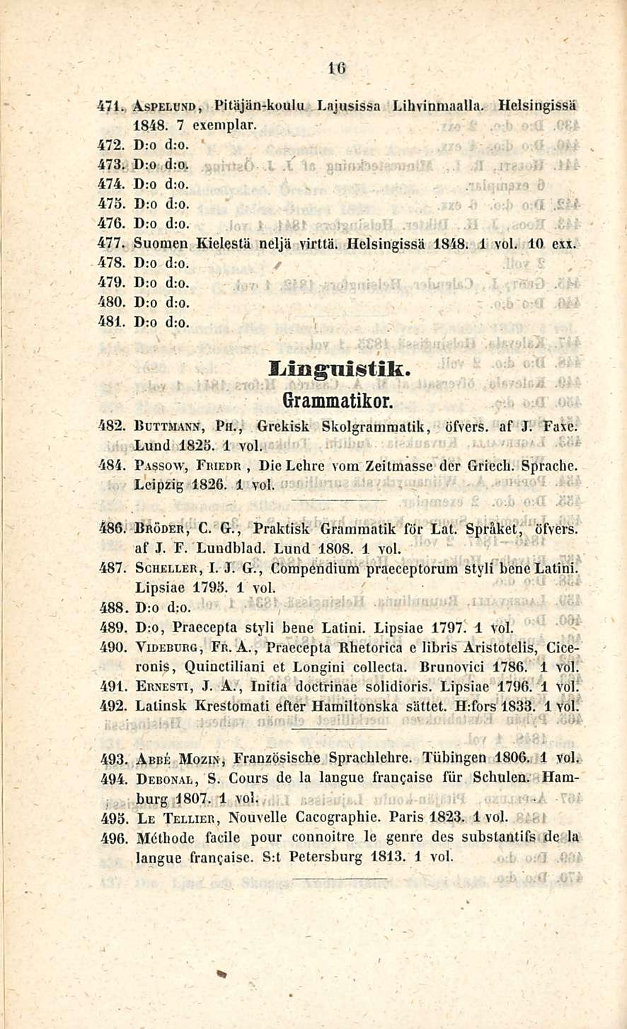 Die 16 ' 471. Aspelusd, Pitäjän-koulu Lajusissa Lihvinniaalla. Helsingissä 1848. 7 exeniplar. 472. D:o d:o. 473. D:o d:o. 474. D:0 d:o. 475. D:o d:o. 476. D:o d:o. 477. Suomen Kielestä neljä virttä.