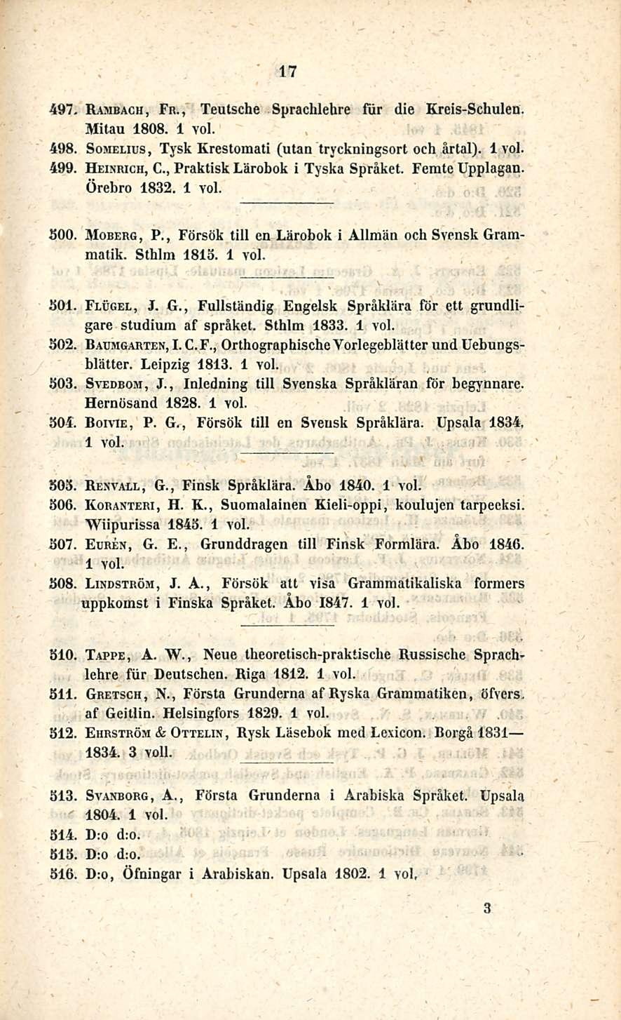 17 497. Rambach, Fr., Teutsche Sprachlehre fiir die Kreis-Schulen. Mitau 1808. 498. Somelius, Tysk Krestomati (utan tryckningsort och årtal). 499. Heinrich, C, Praktisk Lärobok i Tyska Språket.