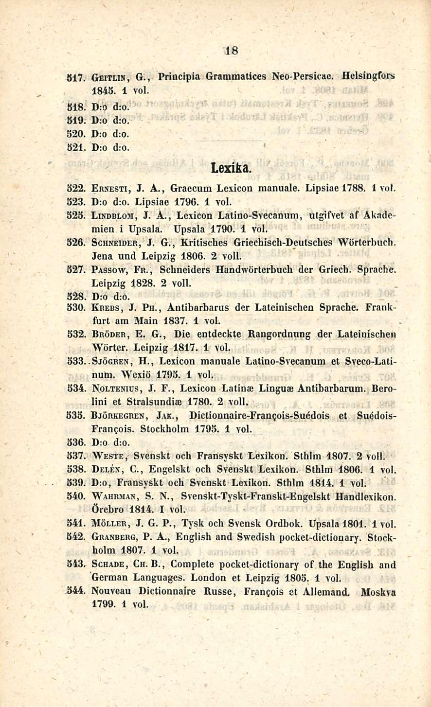 18 817. Geitlin, G., Priiicipia Grammatices Neo-Persieae. Helsingfors 1848. 518. D:o d:o. 819. D:o d:o. 820. D:o d:o. 521. D:o d:o. Lexika. 822. Ernesti, J. A., Graecum Lexicon manuale. Lipsiae 1788.