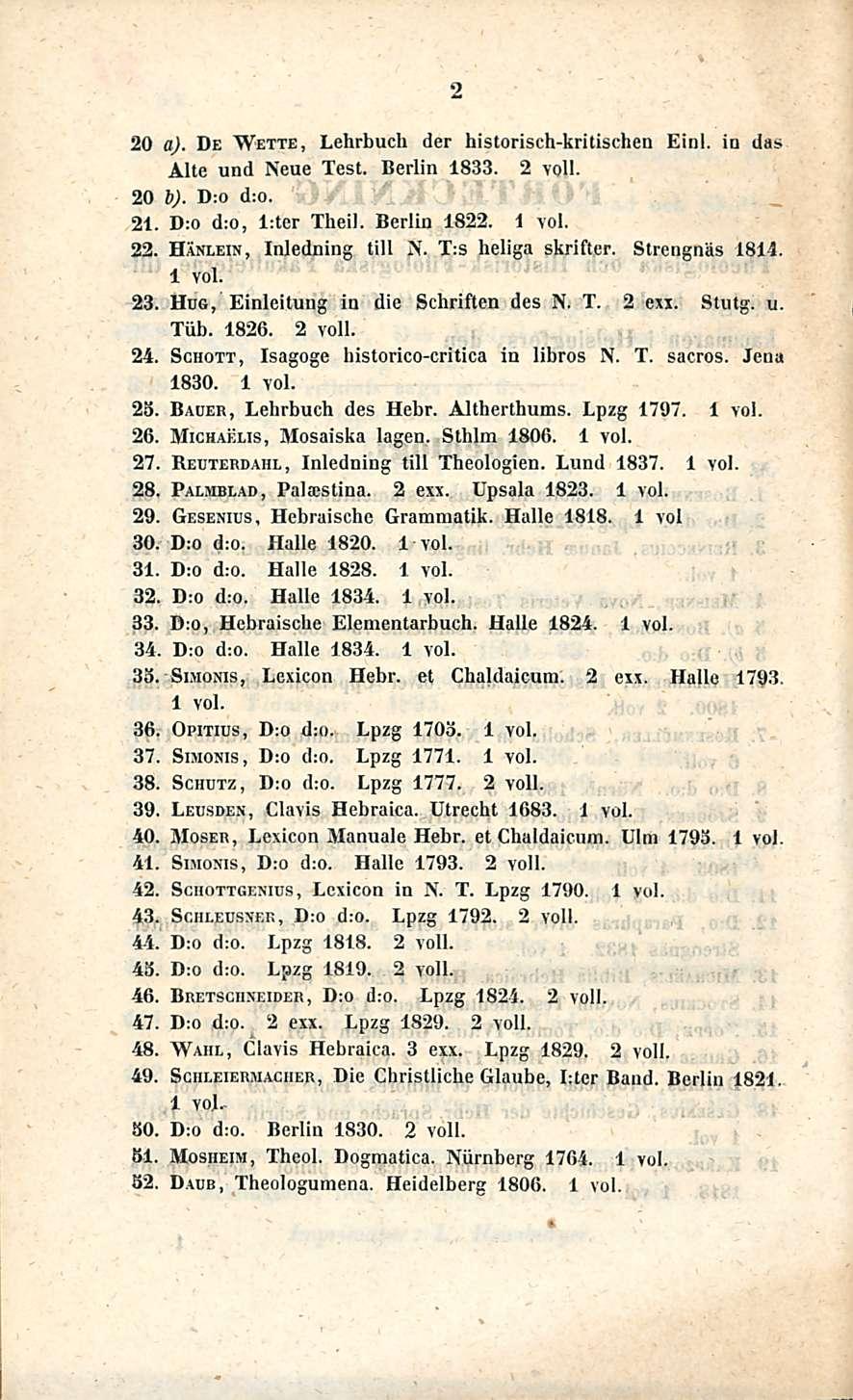 Lexicon 2 20 a). De Wette, Lehrbuch der historisch-kritischen Eini. in das Älte und Neue Test. Berlin 1833. 2 voll. 20 b). D;o d;o. 21. D:o d;o, l:ter Theil. Berlin 1822. 22.