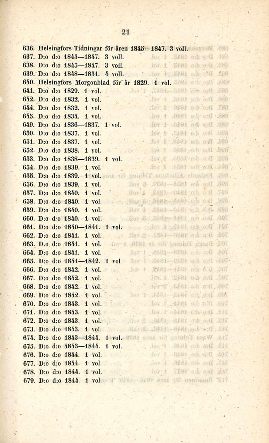 21 636. Helsingfors Tidningar for åreu 1845 1847. 3 voll, 637. D:o d:o 1845 1847. 3 voll. 638. D:o d:o 1845 1847. 3 voll. 639. D:o d:o 1848 1851. 4 voll. 640. Helsingfors Morgonblad for år 1829. 641.