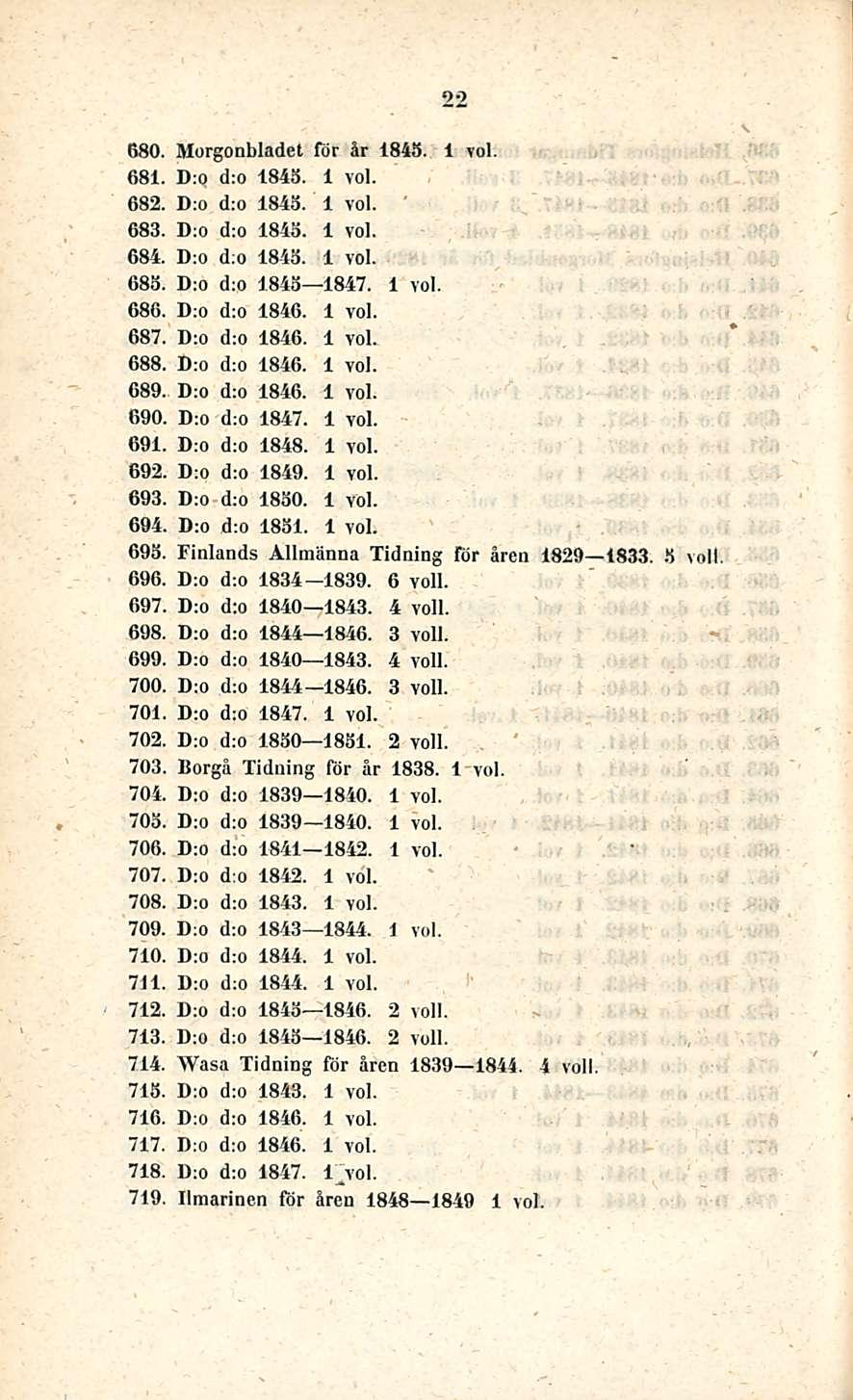 ' 22 680. Morgonbladet för år 1843. 681. D:o d:o 1845. 682. D:o d:o 1843. 683. D:o d:o 1845. 684. D:o d:o 1843. 683. D:o d:o 1845 1847. 686. D:o d:o 1846. 687. D:o d:o 1846. 688. D:o d:o 1846. 689.
