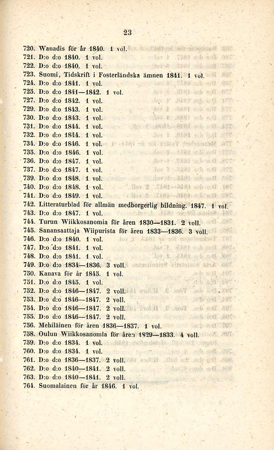 23 720. Wanadis för år 1840. 721. D:o d:o 1840. 722. D:o d:o 1840, 723. Suomi, Tidskrift i Fosterländska ämnen 1841. 724. D:o d:o 1841. 723. D:o d:o 1841 1842. 727. D:o d:o 1842. 729. D:o d:o 1843.