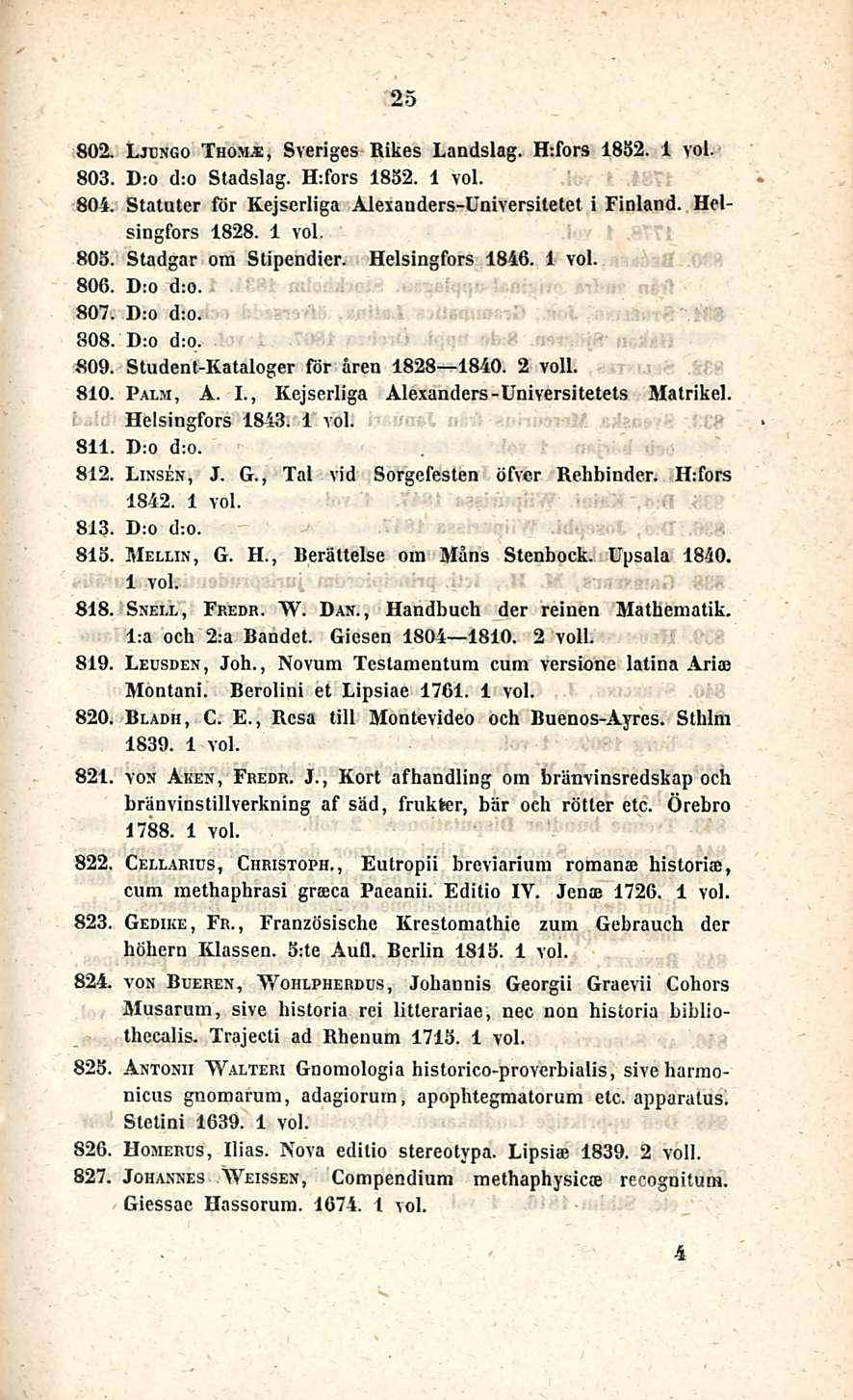 25 802. Ljcngo Tho>ls, Sveriges Rikes Landslag. H:fors 1852. 803. D:o d:o Stadslag. H:fors 1852. 804. Statuter för Kejscrliga Alexanders-Universitetet i Finland. Helsingfors 1828. 805.