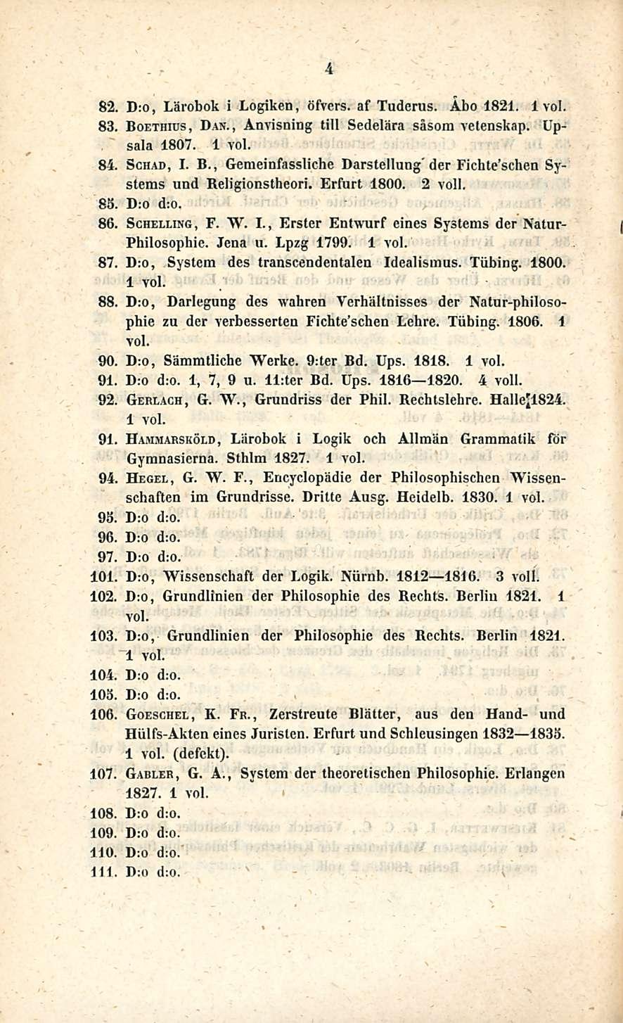 4 82. D:o, Lärobok i Logiken, öfvers. af Tuderus. Åbo 1821. 83. Boethius, Dan., Anvisning tili Sedelära såsom vetenskap. Upsala 1807. 84. Schad, I. 8., Gemeinfassliche Darstellung'der Fichte'schen Systems und Religionstheori.