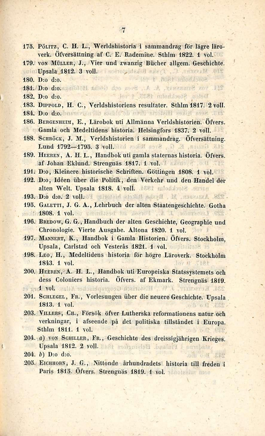 7 178. Pölitz, C. H. L., Werldshistoria i sammandrag för lägre läroverk. Öfversättning af C. E. Rademioe. Sthlm 1822. 179. von Möller, J., Vier und zwanzig Biicher allgem. Geschichte. Upsala 1812.