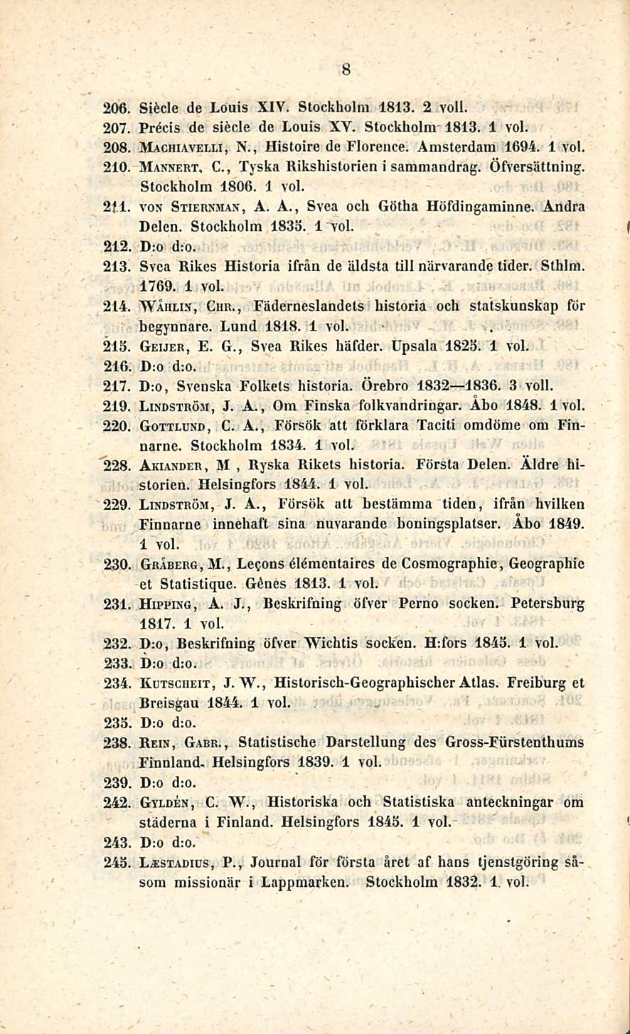 ' Statistische 8 206. Siecle de Louis XIV. Stockholm 1813. 2 voll. 207. Precis de siecle de Louis XV. Stockholm 1813. 208. Machiavelli, N., Histoire de Florence. Amsterdam 1694. 210.