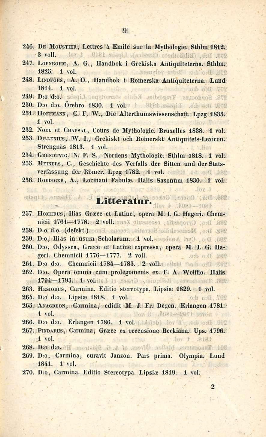 9 246. De Moustier, Lettres k Emile sur la Mythologie. Sthlm 1812. 3 voll. 247. Loenbohm, A. G., Handbok i Grekiska Antiqulteterna. Sthlm. 1825. 248. Lindfors, A. 0.