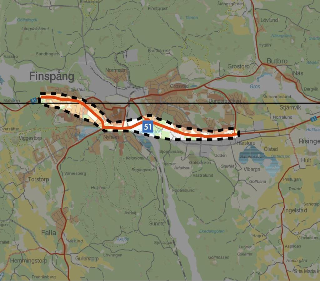 Väg 51 Förbi Finspång, VSO049 1. Beskrivning av åtgärden Nuläge och brister: Idagsläget skär rv 51 rakt igenom Finspångs tätort.