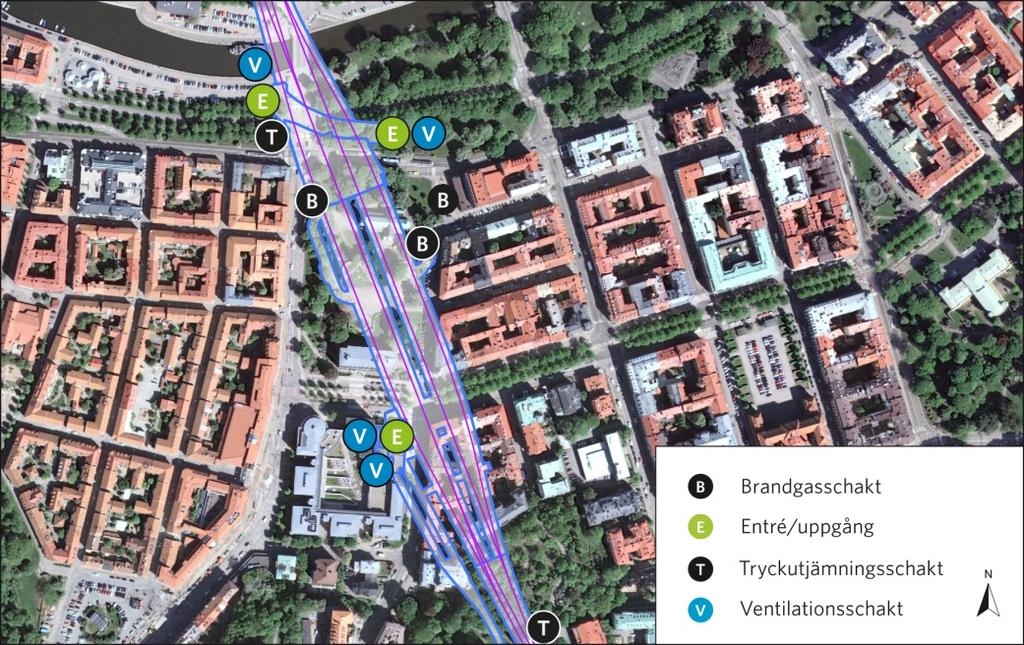 Haga På Station Haga finns cirka 8 ventilationsschakt varav 2 är brandgasschakt och 2 är tryckutjämningsschakt.