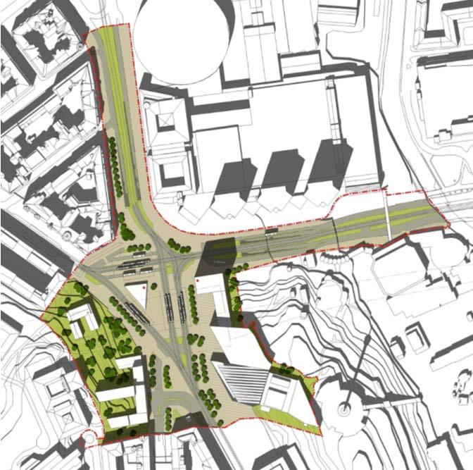 Station Korsvägen Illustration över planområdet med dess omgivningar, illustrationen visar möjlig utformning. Station Korsvägen ligger söder om centrala Göteborg.