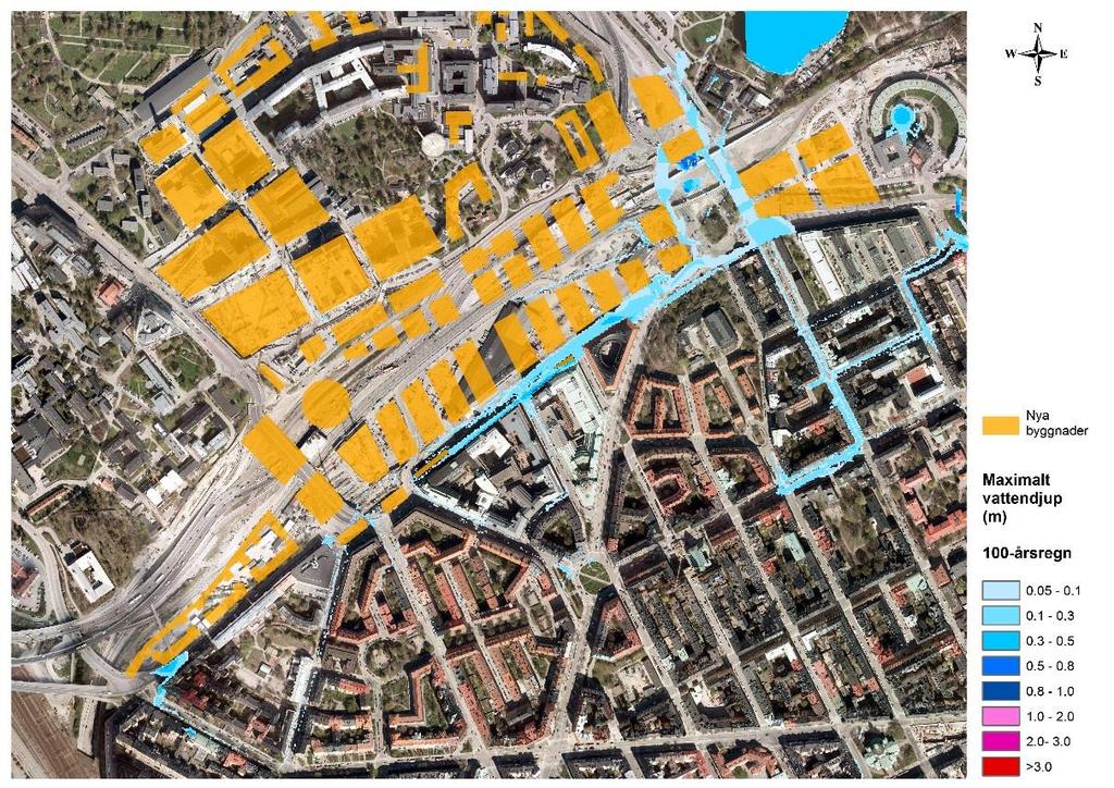 4.1 100-årsregn med belastning via ledningsnätet Figur 5 till Figur 7 visar resultatet av skyfallskarteringen med belastning från ledningsnätet till ytan för 100-årsregn. Figur 5. Resultat skyfallskartering vid belastning av 100-årsregn med 3 h varaktighet.