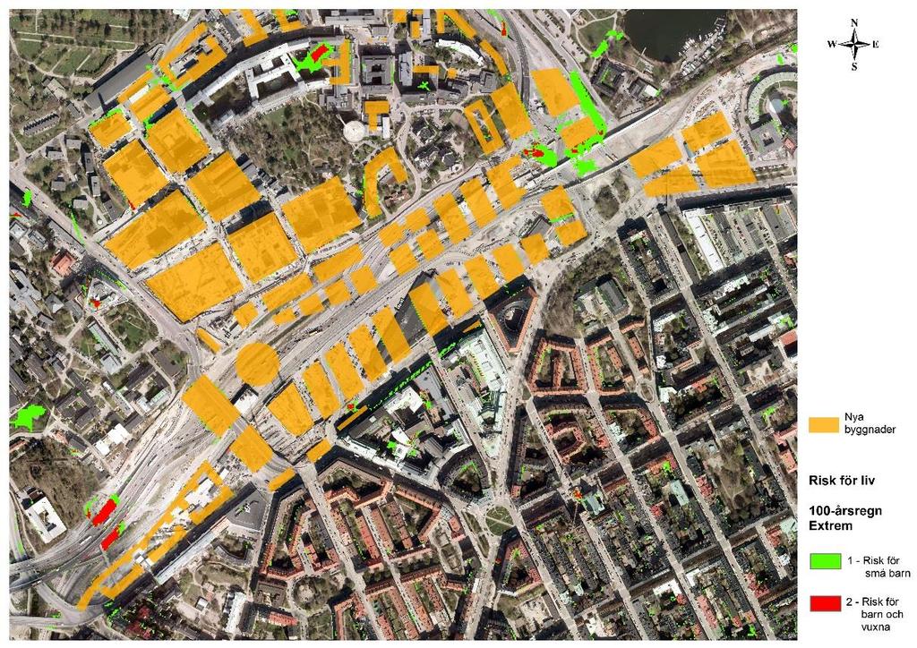 4.3 Risk för liv samband mellan flödeshastighet och vattendjup Figuren nedan visar risk för liv vid 100-årsregn (extremscenariot). Figur 11.