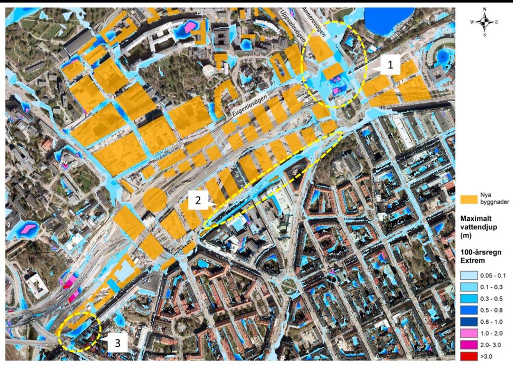5 Tolkning av resultat slutsats och rekommendationer Simuleringsresultaten visar att det i vissa områden i Hagastaden föreligger en risk för översvämning som skadar bebyggelse vid ett 100-årsregn.