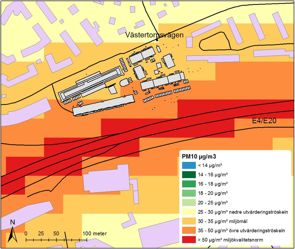 PM10-halter för utbyggnadsalternativet år 2020 Miljökvalitetsnormen för partiklar, PM10, beräknas överskridas längs med E4/E20 och i dess närhet.