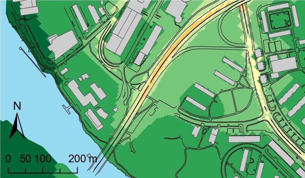 Beräknade luftföroreningshalter år 2030 vid Huvudstaleden med nuvarande bebyggelse nollalternativet Beräknade halter av kvävedioxid (NO 2), som motsvarar halter två meter ovan mark, vid Huvudstaleden