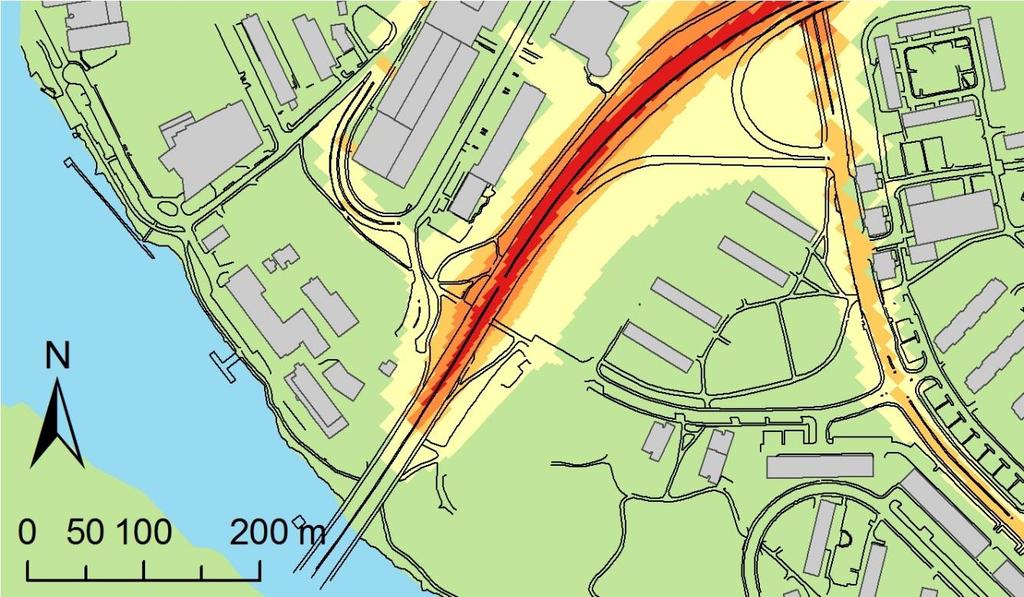 20-25 µg/m 3 25-30 µg/m 3 30-35 µg/m 3 35-50 µg/m 3 > 50 µg/m 3 Figur 5. Beräknad partikelhalt, PM10 för dygnsmedelvärdet det 36:e värsta dygnet år 2030 med nuvarande bebyggelse (grå polygoner).