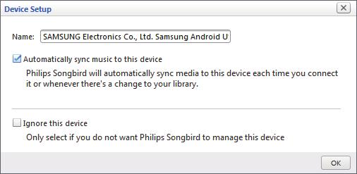 2 Anslut Android-enheten till datorn via en USB-kabel. Vänta tills enheten känns igen av Songbird. Spelaren visas på Philips Songbird när den känns igen av datorn. 3 Klicka på Synkronisera.