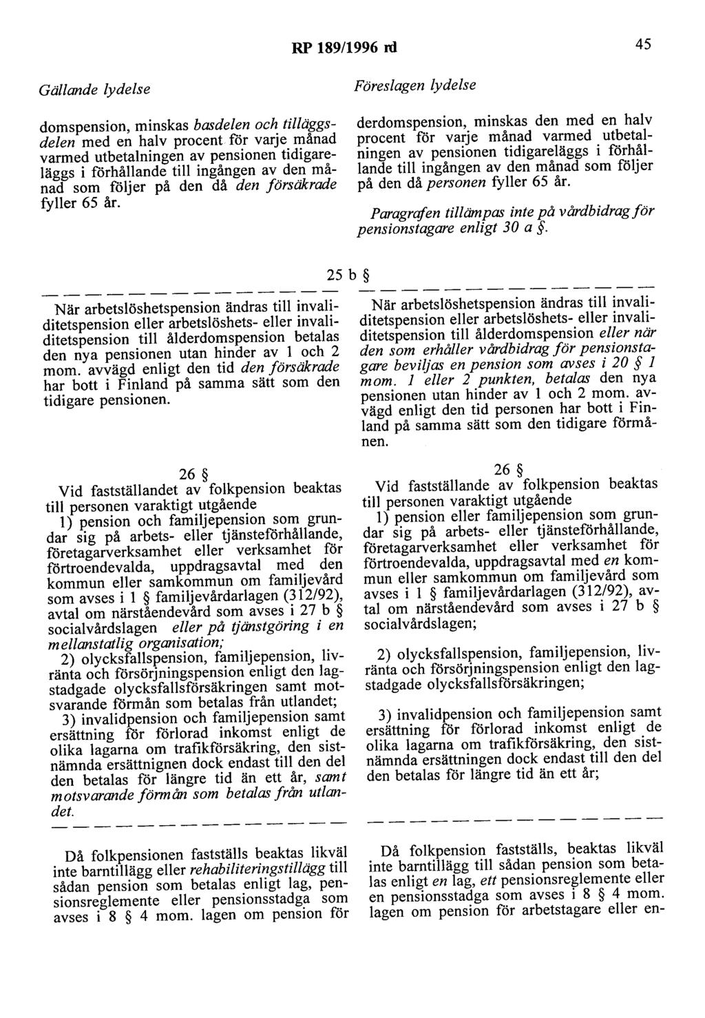 RP 189/1996 rd 45 domspension, minskas basdelen och tilläggsdelen med en halv procent för varje månad varmed utbetalningen av pensionen tidigareläggs i förhållande till ingången av den månad som