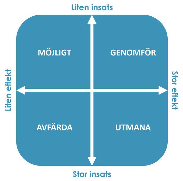 Möjligheter sorteras in i följande fyrfältare, baserat på vad som är möjligt att genomföra, ska genomföras, ska avfärdas eller utmanas.