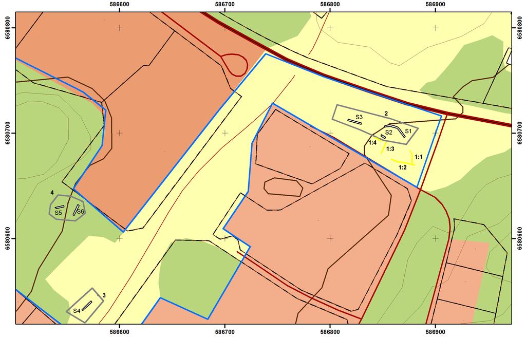 Bilaga 3 Utdrag ur Fastighetskartan med utredningsområdet, objekt 1-4