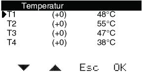 Tryck OK för att aktivera menyn och sedan pil ner/upp och OK ännu en gång för att ändra kalibrering. Inställbara värden är -10 +10 C. Fabriksinställning är 0.