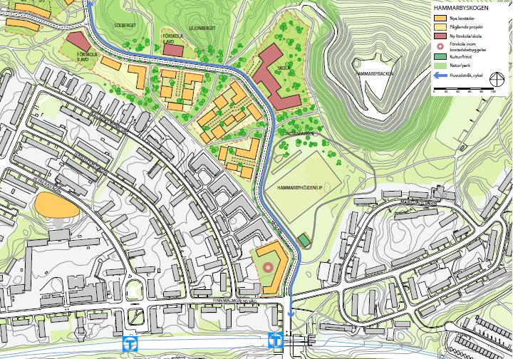 Sida 4 (9) Hammarbyhöjdens IP och en förskola flyttas för att kunna dra en gata från Finn Malmgrens väg. Gatan fortsätter i en båge med bebyggelse ner till Kalmgatan med en koppling mot Hammarbyvägen.