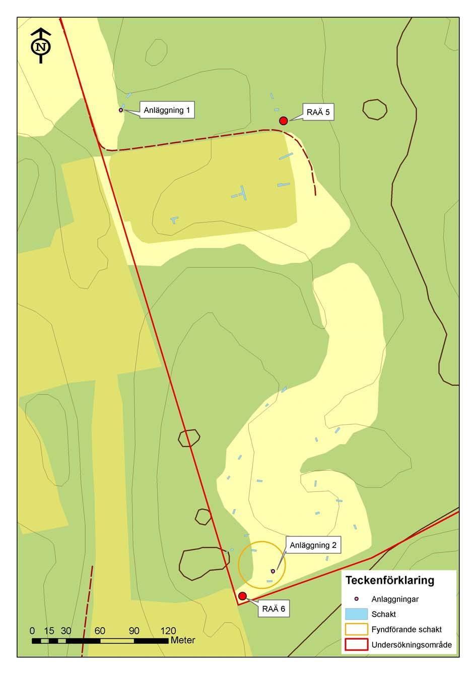 Karta som visar del av utredningsområdet med samtliga grävda schakt och
