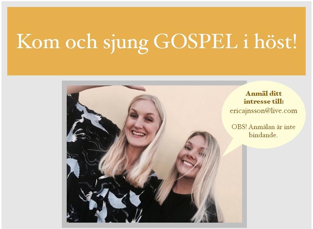 Kom och sjung gospel Hösten 2017 drar vi igång med en gospelkör i Wesleykyrkan i Limhamn. Alla över 18 år är välkomna att vara med och sjunga, oavsett tidigare erfarenhet.