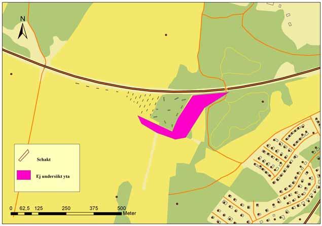 Figur 7. Kartan visar schaktens fördelning över delområde D. Köpings socken, Öland (Schulze 2004:263). Även på delområdets centrala delar framkom anläggningar i form av härdar och kulturlager.