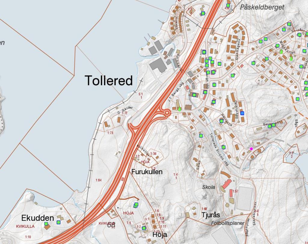 Tollered 4:84 Tollered 4:98 Tollered 1:12 Kvikulla 1:10 Höja 1:4 Figur 3. Enskilda brunnar vid trafikplats Tollered.