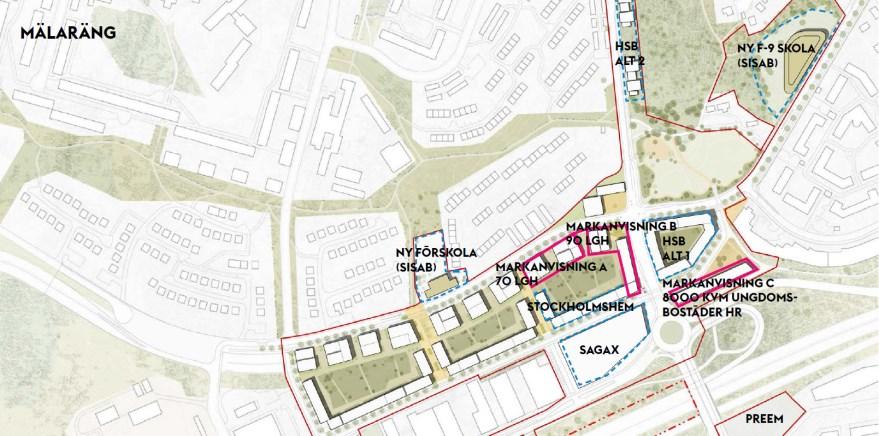 Sida 4 (9) Tilldelningsområdet Planområdet Mälaräng med tilldelningsområdena markerade. Detta ärende avser markanvisning för område markerat med gul avgränsning.