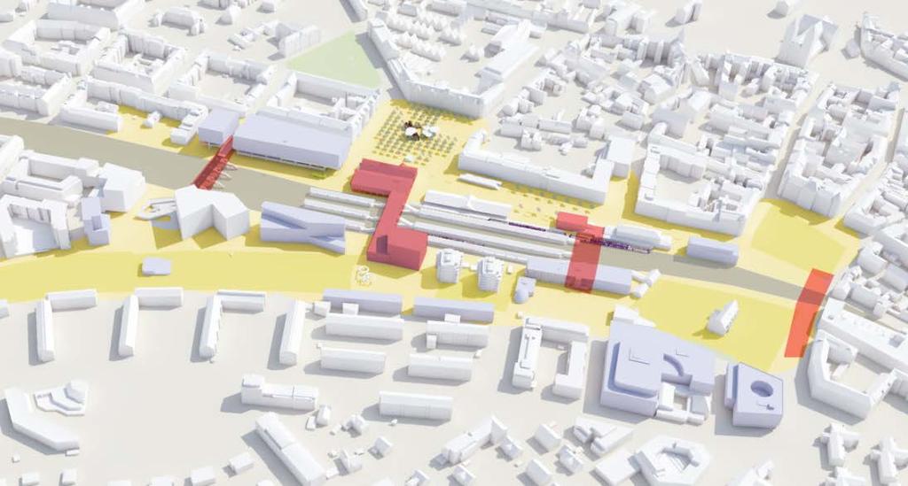 Bild från ramprogrammet som visar strategin för stadsrummen längs Lund C. Kvarteret Bytarebacken ska tillföras fler ytor för lokaler och service. Aktuellt planområde markerat med svart.