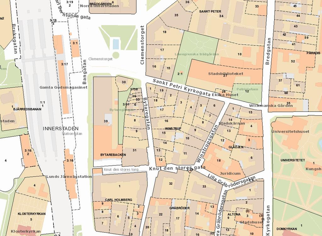 Orienteringskarta med planområdet markerat i svart Befintlig stadsbild markanvändning Planområdet har idag användningen hotell och kontor och är underbyggd med garage.