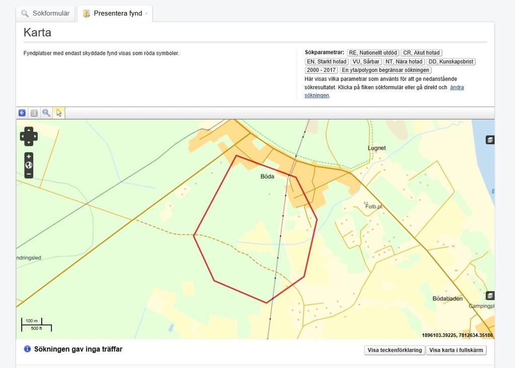 Figur 4. Utdrag från sökning av aktuellt område i ArtPortalen 2017-08-18. Sökningen gav inga träffar för område ca 300-500 m ifrån planerad sträckning.